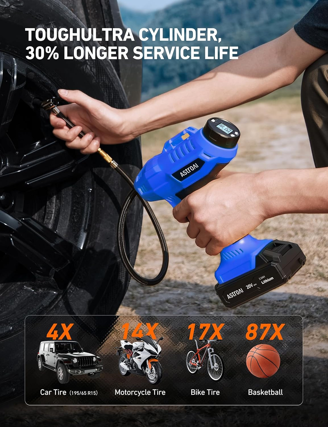 C2 Cordless Tire Inflator Air Compressor 20V Rechargeable Battery Powered 160PSI Portable Handheld Air Pump with 12V Car Power Adapter Digital Pressure Gauge for Cars Motorcycles Blue